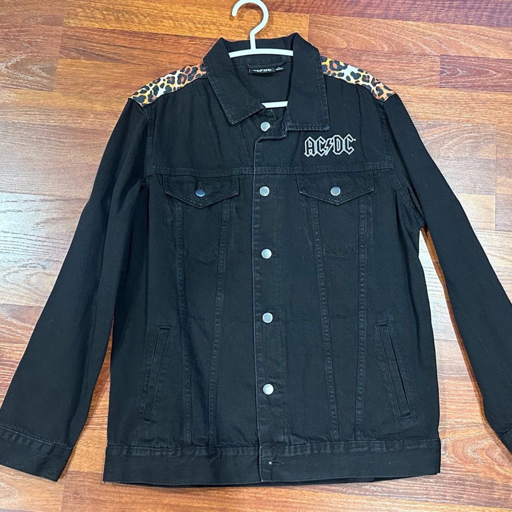 Black Denim Jacket with Leopard Print Accents